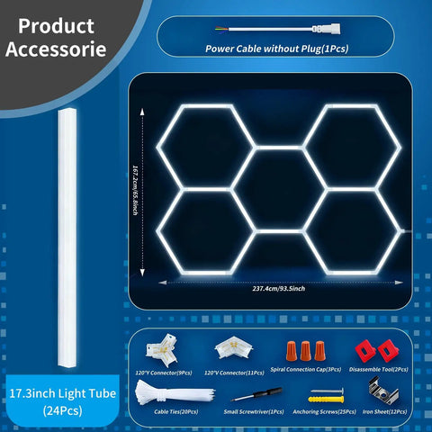 LED Garage Hexagon Lights 24 Pack With 168W 16800LM 6500K Daylight Brightness Boss Level Modular Grid Lighting Kit Snap Together Design Fireproof Connectors For Garage Workshop Gym Auto Detailing And More