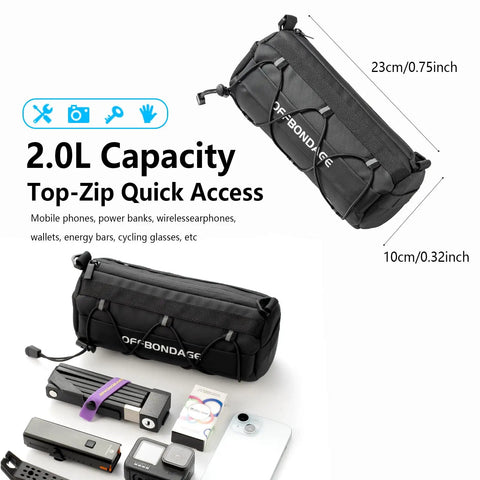 Waterproof Bike Handlebar Bag For Road And Mountain Bikes Front Storage With Shoulder Strap Easy To Clean Artificial Leather Bag For Bikepacking Daily Commute And All Weather Rides, showing 2.0L capacity and top-zip access with items nearby.