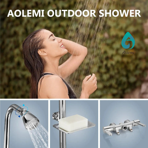 Outdoor Shower Kit With Brass Valve And Shower Head 3 Inch Center Exposed Shower With Two Handles Soap Dish Stainless Steel Pipe Polished Chrome Corrosion Resistant Build For Poolside Yard Or Beach House featuring a woman enjoying water outdoors.