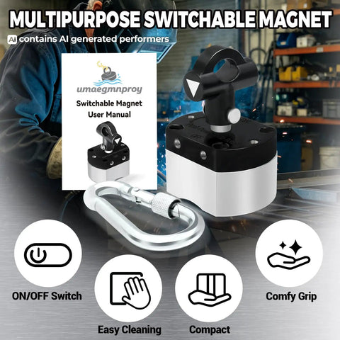 Heavy Duty 180 Lb Switch Magnet Features A Rock Solid 5 Sided Magnetic Grip Made For Welding Woodworking Shop Setup And Cabinet Installations That Really Locks In Tight, showing compact design and ON/OFF switch.