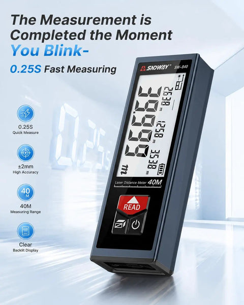 Ultra Compact Laser Distance Meter 196 Ft Range With Jumbo Lcd Screen USB C Rechargeable, showing clear backlit display and buttons.