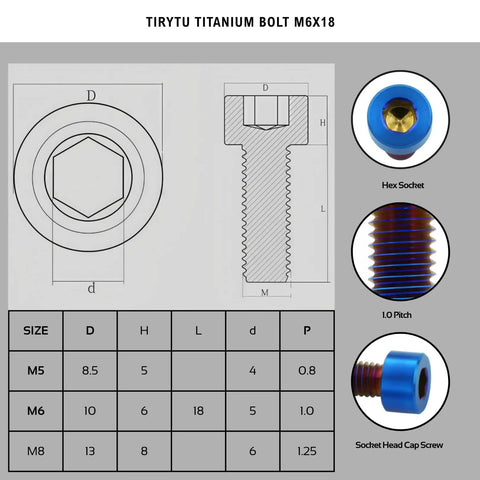 Technical drawing of Ultra Lightweight Titanium Bolts M6x18 Hex Socket Screws for weight critical upgrades, burnt blue finish.