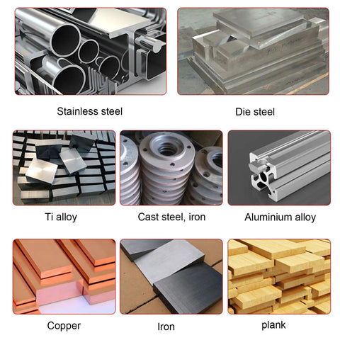 Various metal materials including stainless steel, die steel, Ti alloy, cast steel, iron, copper, and aluminum for industrial use.