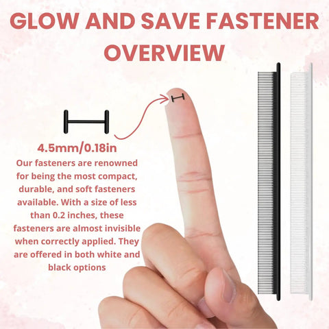 Glow and Save fastener overview showing a black fastener on a finger, size 4.5mm, for clothing repair and labeling.