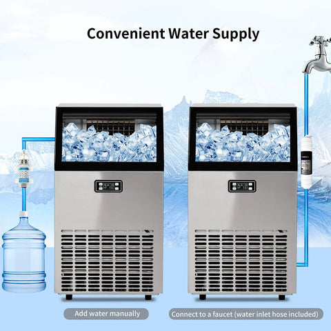 No Fuss Heavy Duty Countertop Ice Maker With Smart Led Panel And Hella Fast Freeze Cycle That Drops Forty Five Kilos Of Perfect Cubes Twenty Four Hours Flat Including Faucet Hookup And Scoop For Any Kitchen Or Bar Setup, showcasing convenient water supply connections.
