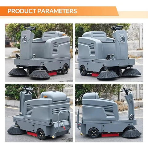 Heavy Duty Ride On Floor Sweeper For Big Warehouses And Commercial Spaces, showing multiple angles and features of the industrial machine.