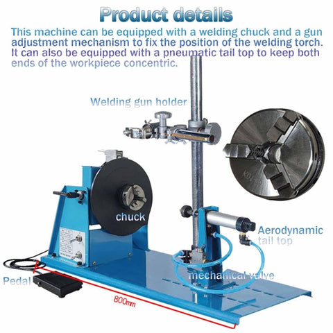 Slick Portable Welding Positioner Turntable with welding gun holder, chuck, and mechanical tail top for precise metalwork.