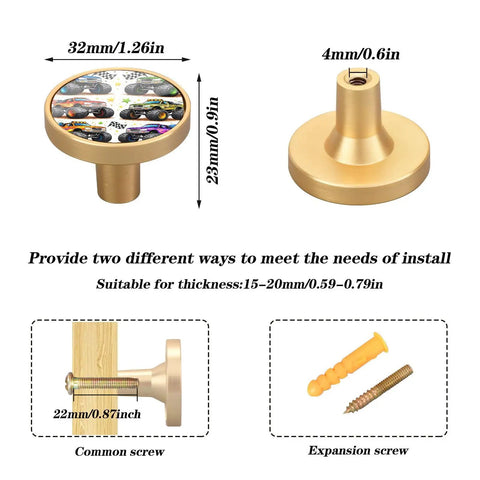 Monster Truck Style Cabinet Knobs 4 Pack 1-1/4 Inch Round Drawer Pulls with dimensions and mounting instructions