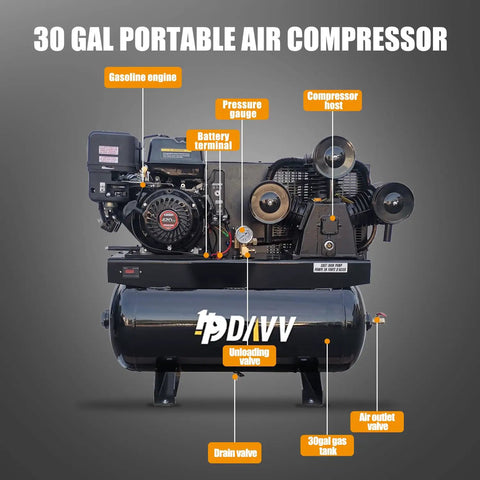 Heavy Duty Gas Piston Air Compressor 13HP 44CFM 30 Gal Tank 125PSI for Industrial Use showing gasoline engine, pressure gauge and valves.