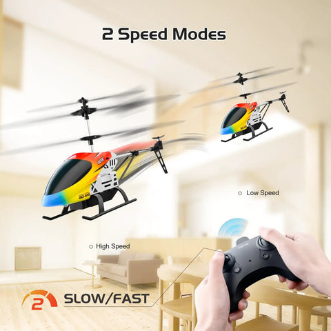 M5 RC Helicopter For Kids And Beginners With Altitude Hold, two-speed modes shown in indoor living room setting, remote control