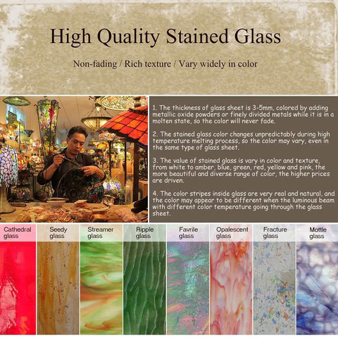 High quality stained glass types and features with a man crafting a Tiffany style lamp, showcasing red rose floral design elements.