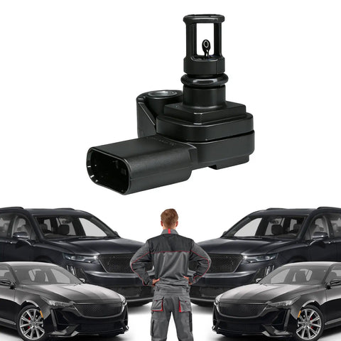 Intake Air Temperature And Pressure Sensor Map Sensor For Chevy And GMC Vehicles Including Silverado Malibu Equinox Sierra 2500 3500 Cascada 12681993 0828000630 Easy Drop In Replacement displayed with cars in background.