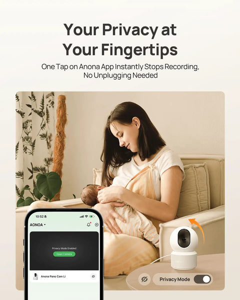 Mother holding baby near 4K UHD Indoor Security Camera For Pets And Baby with Phone App, showing privacy mode on app screen.