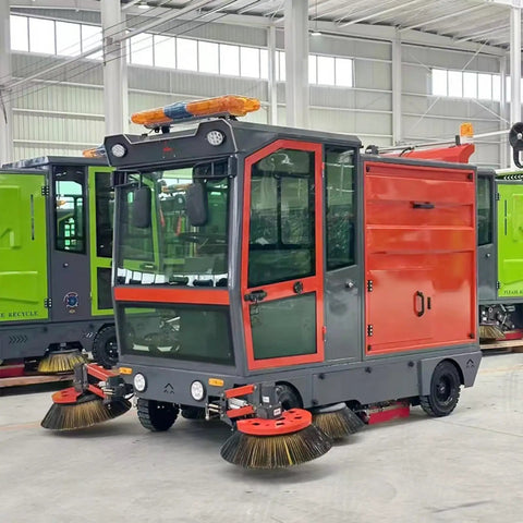 Heavy Duty Commercial Ride On Floor Sweeper For Industrial Warehouses And Factories with front rotating brushes and red exterior.
