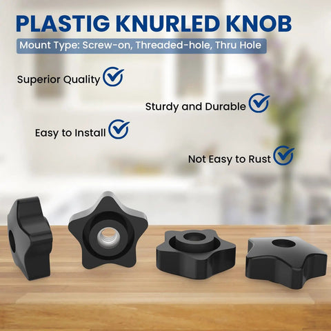 Heavy Duty 5/16 18 Thread Star Knobs Rock Solid Grip No Sweat Hand Tightening Clamping Screws Pro Grade Nylon And Galvanized Steel Body Quick Install For Machine Shop Gear showing four star knobs on a wooden surface.