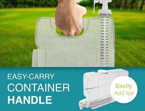 Filtered Water Dispenser Two And A Half Gallon BPA Free Plastic Beverage Dispenser shown with easy-carry handle outdoors