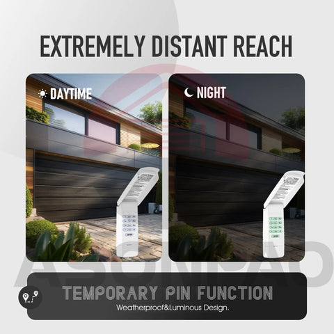 Universal Wireless Garage Door Keypad Replacement With Plug And Play DIY Install For LiftMaster Chamberlain Sears Craftsman Openers, Keyless Entry, FCC Certified, 3 Year Warranty showcased day and night use.