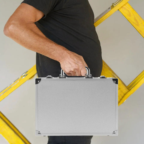 Person holding Workhorse Aluminum Toolbox Organizer With Heavy Duty Lock And Molded Foam Inserts Portable Stash Case.