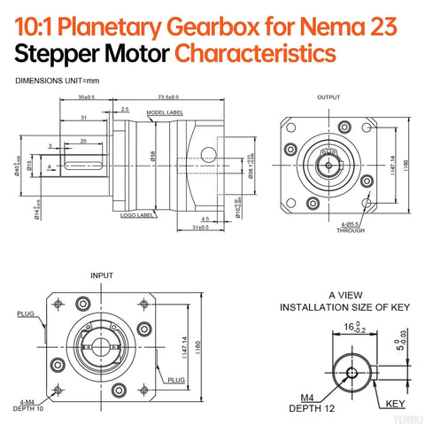 Technical drawing of a NEMA 23 planetary gearbox with detailed measurements and specifications for CNC and 3D printing applications.