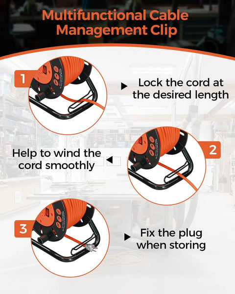 Multifunctional cable management clip for Heavy Duty Extension Cord Storage Reel With Four Grounded Outlets Built Tough Hand Wind Retractable Reel For 12/3 14/3 16/3 Gauge Cords 15 Amp Circuit Breaker ETL Listed Orange.