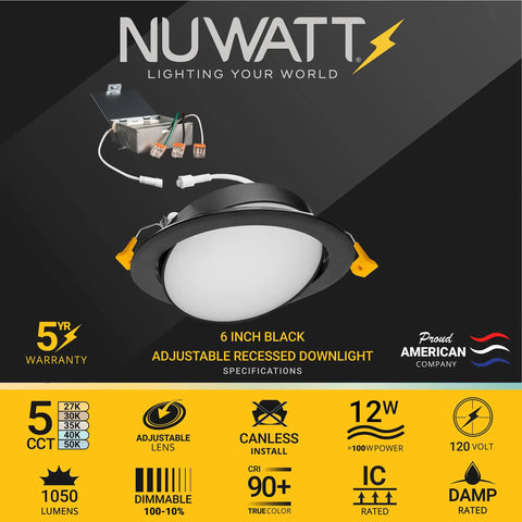 Image of Six Inch Black Gimbal LED Recessed Canless Wafer Lights With 5 CCTs 2700K To 5000K, Dimmable 1050 Lumen, 12W Downlight