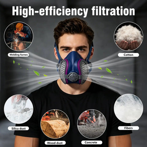 Bad Ass P100 Replacement Respirator Filters For Half Masks 4 Pack Quick Swap Compatible With Elipse P100 Series shown on model filtering welding fumes.