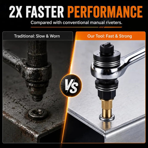 Pro Grade 60 Piece Rivet Nut Tool Set With Metric M3 M4 M5 M6 M8 Heads, Heavy Duty Carbon Steel Build For Auto Repair, Sheet Metal Work, And Equipment Maintenance, The Ultimate All In One Rivet Nut Kit comparing old and new riveter use on sheet metal