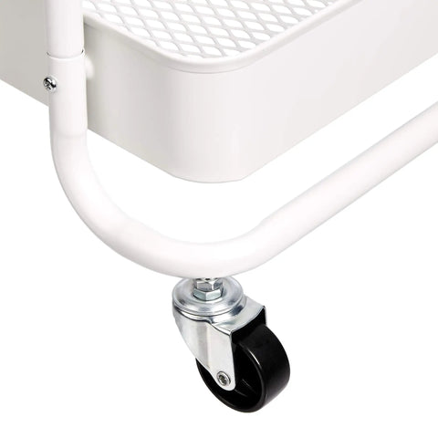 Close-up of smooth pivot casters on Heavy Duty 2 Tier Rolling Metal Utility Cart With White Storage Shelves And Smooth Pivot Casters For Kitchen Craft Laundry Organization No Sweat Setup.