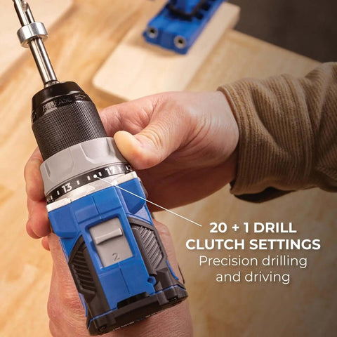 Top Shelf Pocket Hole Jig 720 Pro With Killer 20 Volt Cordless Drill Driver Combo Kit, showcasing precision drill clutch settings.