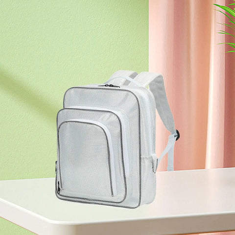 Heckuva Heavy Duty Clear PVC Tool Backpack Anti Static Engineer Gear Bag Transparent Technician Rucksack on a table with a light green background.
