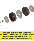 Exploded view of oiled leather pistons with steel washers and nut for reliable suction in Professional Line Special Deluxe Manual Bulk Caulking Gun