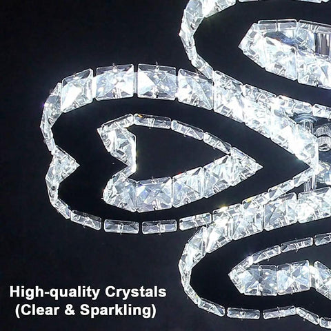Close-up of crystal detail on 5 Heart Ring Crystal Chandelier LED Ceiling Light Fixture Stainless Steel Pendant Lighting.