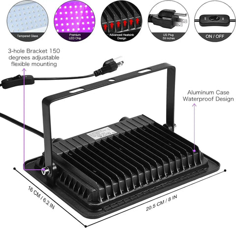 Back view of 3 Pack 100W LED Black Light Flood Lights With Plug And Switch IP66 Waterproof Neon Glow For Party Halloween.
