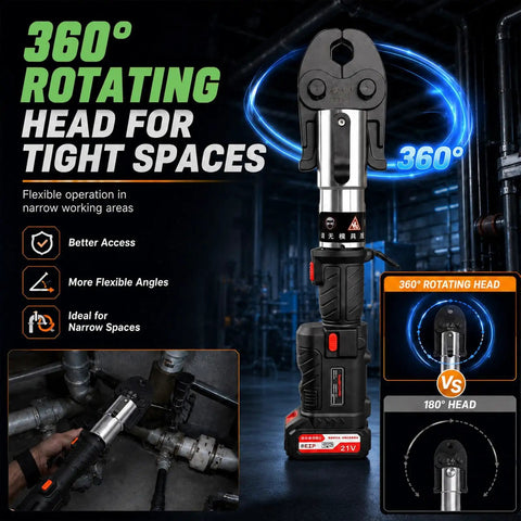 Brisk 18V Electric Pipe Crimping Tool For 3/4 And 1 Inch Copper Lines with 360° rotating head for tight spaces.