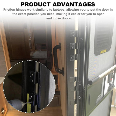 Heavy Duty RV Entry Door Friction Hinge Kit Two Pack Delivers Rock Solid Zero Sag Performance For Travel Trailers Motorhomes And Fifth Wheels With Plug And Play Setup showing close up of hinges and door handle.