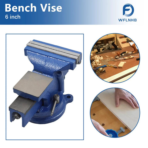 Heavy Duty 6 Inch Bench Vise With Table Top Clamp And 360 Degree Locking Swivel Base, blue, shown in crafting use