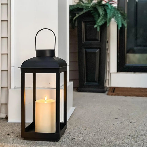 Outdoor Solar Powered Lantern With Flickering LED Candle For Porch Garden And Patio, 15 Inch Tall Black Metal Open Frame No Glass, Dusk To Dawn Auto On