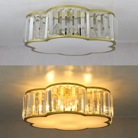 Gold Crystal Flush Mount Ceiling Light With 4 Lights, Modern Brass Frame, Flower Drum Design, Premium Glass Crystals, fixture view