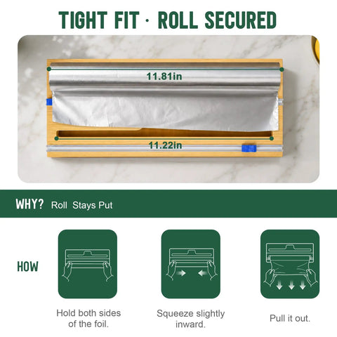 Premium Bamboo Kitchen Drawer Organizer With Five Slots For Snack Quart And Gallon Bags Plus Foil And Wrap Holder, showing foil roll secured in bamboo holder.