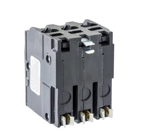 QO 100 Amp Three Pole Circuit Breaker for 240 Volt Panels with Plug On Design, black, front angle view