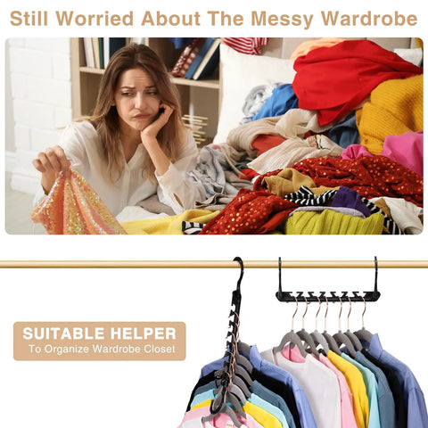Woman frustrated by messy wardrobe with Magic Hangers Space Saving No Brainer 10 Pack Upgraded Sturdy Smart Space Saver Hangers.