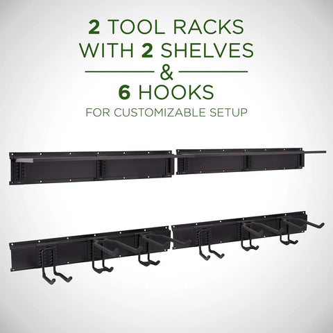 Garage Tool Storage Rack 12 Piece With Wall Shelf And Heavy Duty Hanger System shown with 2 tool racks and 6 hooks.