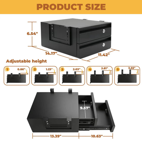 Premium Steel Double Under Desk Drawer With Slick Ball Bearing Rollers And Solid Deadbolt Lock For Zero Hassle Workspace Organization That Clamps Under Desks dimensions illustration with adjustable height options.