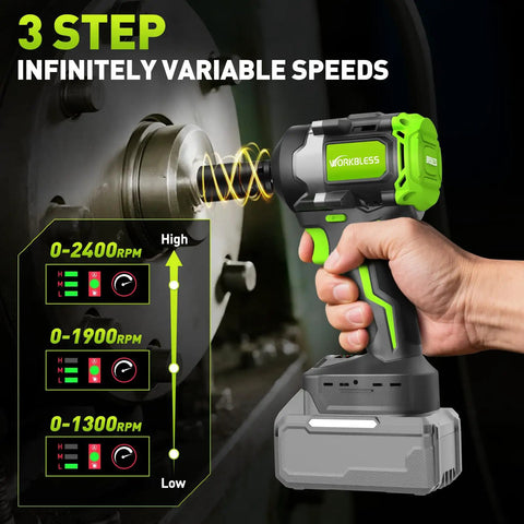 WorkBless 1/2 Inch Cordless Impact Wrench With Brushless Motor For Makita Battery Tool Only High Torque 850Nm in use, showing speed settings.