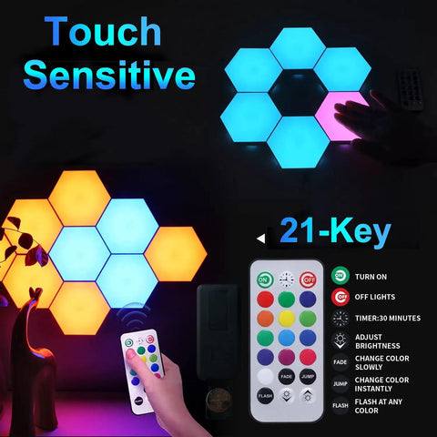 Hexagon LED Light Panels With Remote Control, Touch Sensor RGB Wall Decor Kit for Gaming Room, glowing in multiple colors.
