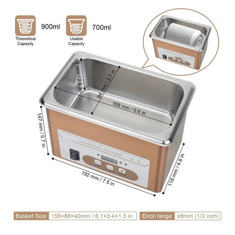 900ml ultrasonic cleaner with stainless steel tank and digital controls, designed for quick cleaning of jewelry and gadgets.
