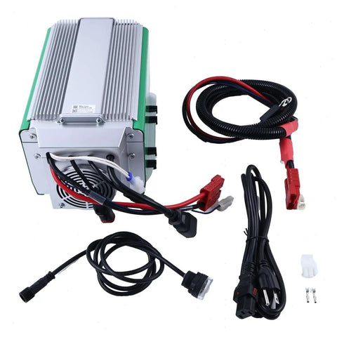 Heavy Duty 48V 30A Battery Charger Auto Cut Off X Led Display for Genie Scissor Lifts and Booms with multiple connecting cables.