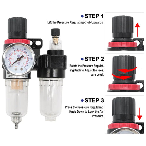 Pro Grade Pneumatic 1/4 Inch NPT Air Filter Regulator Kit With Brass Fittings And Gauge, AFC2000 Style, 0 to 145 Psi Output, Lubricator Cup
