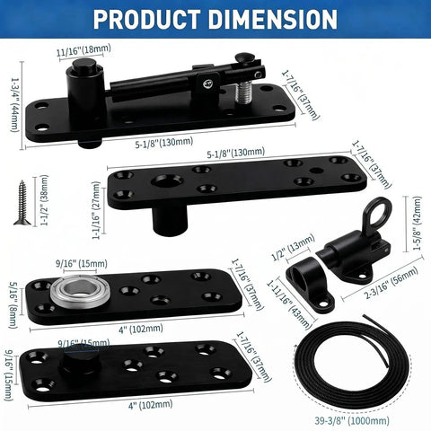 Heavy Duty Black Pivot Hinge For Hidden Secret Doors And Custom Shelves Featuring Rust Proof Stainless Steel Build With Ultra Smooth Glide Action And Built Tough Design Supporting Five Hundred Seventy Pounds dimensions and details with measurements.