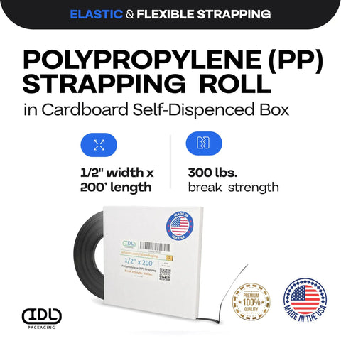 Black 1/2 Inch Polypropylene Strapping Roll With Slick Embossed Texture 200 Feet Heavy Duty Plastic Shipping Banding 300 Pound Break Strength Hand Grade Packing Strap in cardboard box.